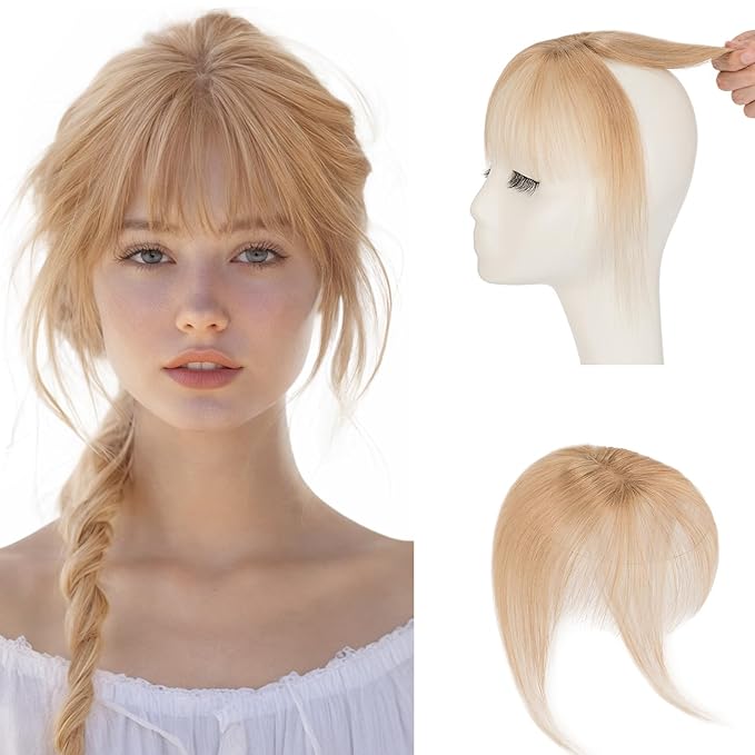 Hairro Bangs Hair Clip 3D 360°Cover Clip On Bangs Remy Human Hair Topper With Bangs Fringe French Bangs With Temples Clip In Bangs Hair Extensions 8 Inches 10g #27 Dark Blonde