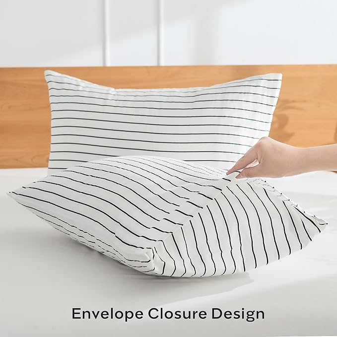JELLYMONI 100% Natural Cotton Striped King Pillowcases Set, 2 Pack White with Thin Black Stripes Pattern Printed Pillow Covers with Envelope Closure (Pillows are not Included)