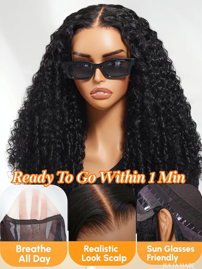 Julia Hair 7x5 Lace Water Curly Texture Wig With Finger Coil Ends Glueless Wigs Human Hair Put On and Go Invisible Lace Pre Plucked Pre Cut Bleached Knots Natural Hairline 22 Inch