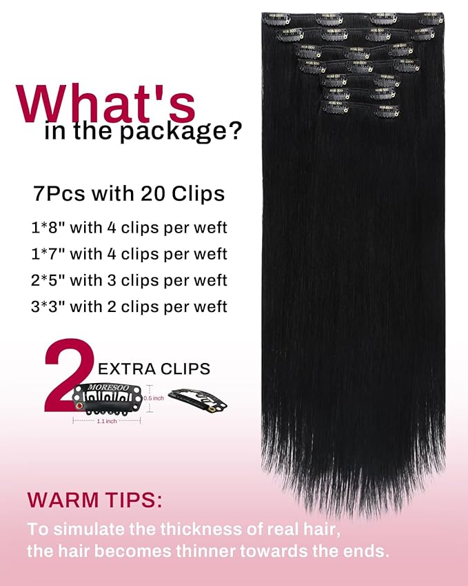 Moresoo Black Clip in Hair Extensions 24 inch Jet Black Remy Human Hair Extensions Clip ins Straight Double Weft for Women Thick 150g/7pcs 24in