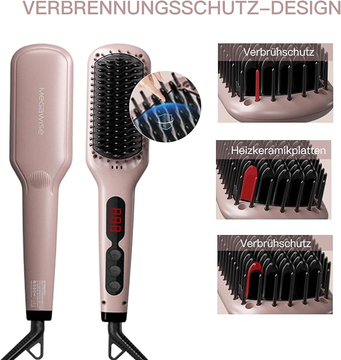 Updated 2025 MEGAWISE Hair Straightener Ceramic Brush ; Anti-Scald Dual Voltage Flat Iron Hot Brush | Rotatable Cord |Auto Shutoff | Anti-frizz |for All Hair Types (Pink)
