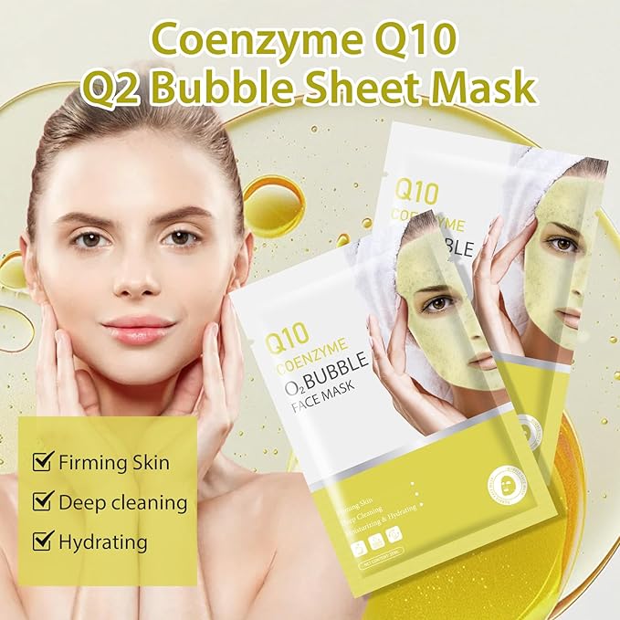 10 Sheets Coenzyme Q10 O2 Bubble Masks for Face, Bubble Face Mask Skincare for All Skin Types, Deep Cleansing Moisturizing Facial Mask Skin Care for Pores, Firming, Purifying, Sheet Masks for Spa