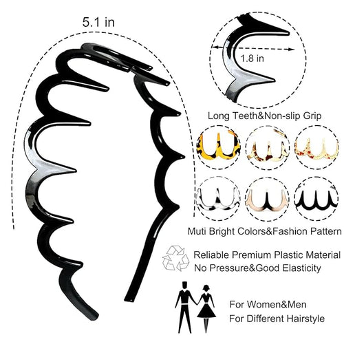 6 PCS Zig Zag Headbands Plastic Wavy Hair Head Band Comb with Teeth Hoop Accessories for Women Men Girls, Fashion Tortoiseshell&Amber