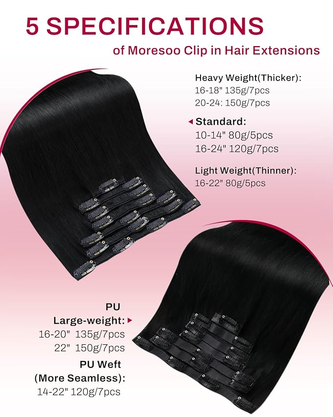 Moresoo Seamless Jet Black Clip in Hair Extensions Human Hair Black for Women Human Hair Clip in Extensions Pu Weft Invisible for Daily 135g/7pcs Thick to Add Volume 16in