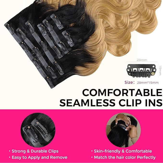 Lashey Seamless Clip in Hair Extensions Human Hair 7pcs 110g 14 Inch Body Wave Ombre Natural Black to Honey Blonde Hair Extensions Clip ins with Soft PU Weft