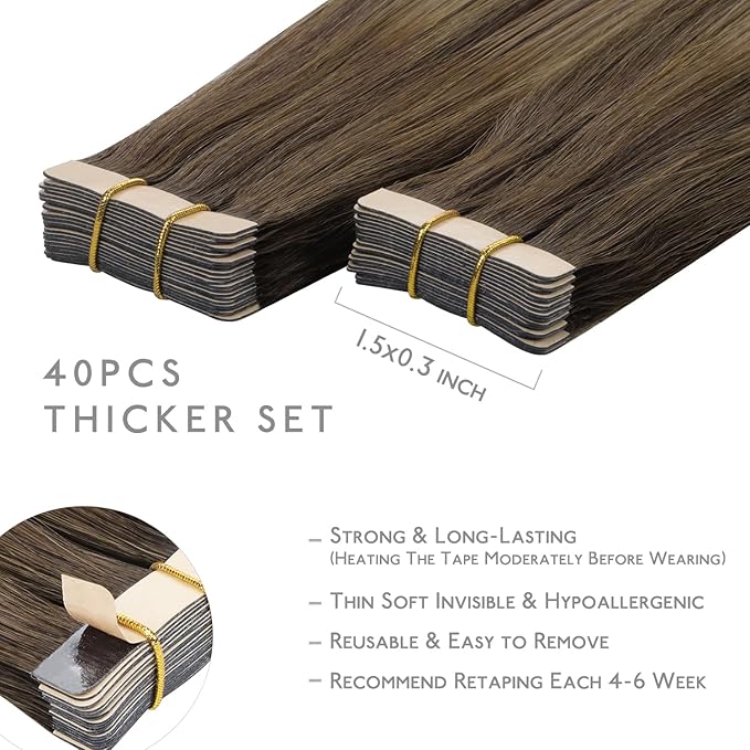WENNALIFE Tape in Hair Extensions Human Hair, 40pcs 120g 26 inch Balayage Chocolate Brown to Caramel Blonde Remy Hair Straight Invisible Reusable Real Hair Extensiones De Cabello Humano Skin Weft