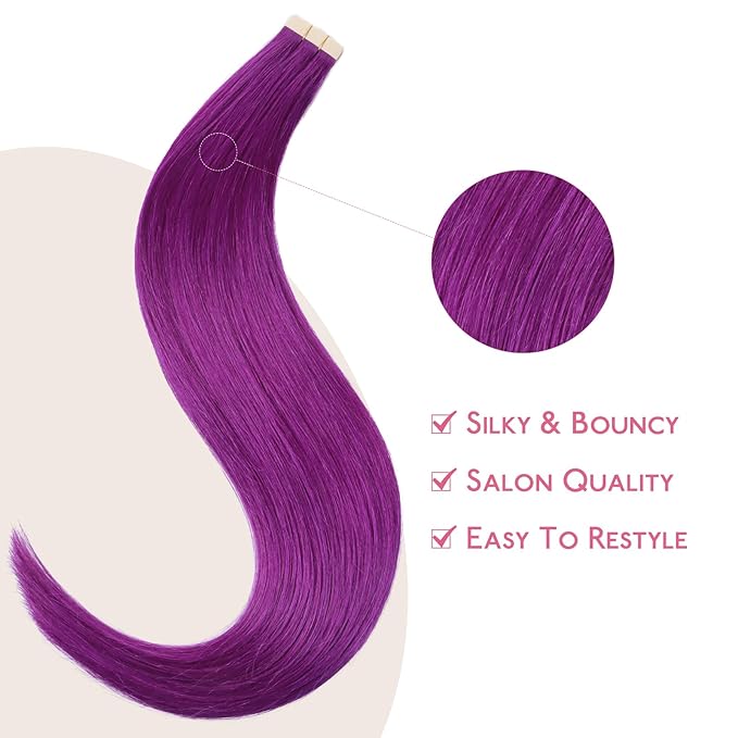 Wennalife Purple Tape in Hair Extensions, 10pcs 30g 24 inch Remy Invisible Tape Ins Straight Colored Soft Real Human Hair Tape in Extensions Refill Set Extensions