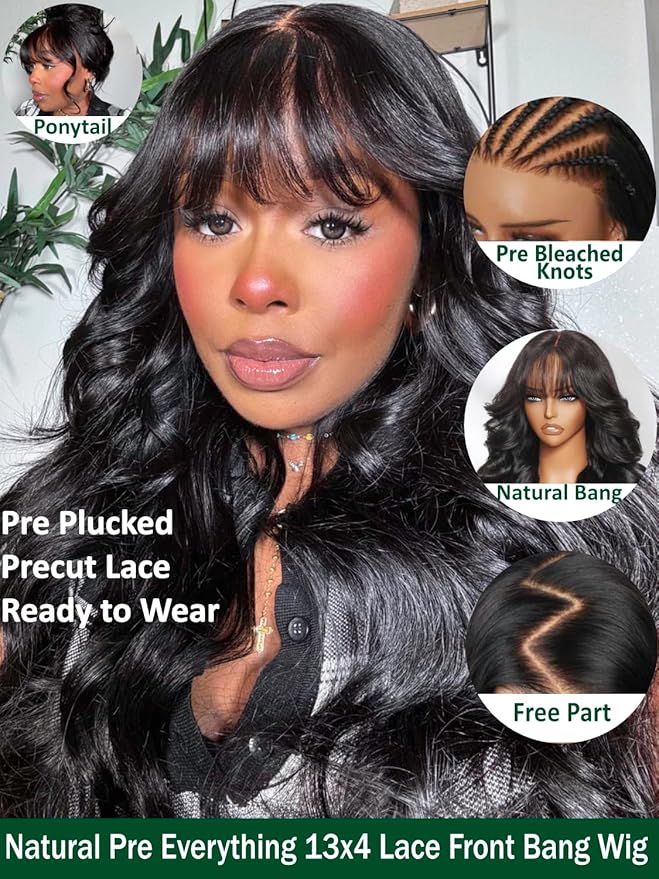 KLAIYI Pre Everything Glueless 13x4 Lace Front Wigs Human Hair Loose Body Wave Bye Bye Knots Pre Cut Lace Pre Bleached Pre Plucked 30S Ready to Wear And Go Frontal Wig with Natural Curtain Bang 24Inch