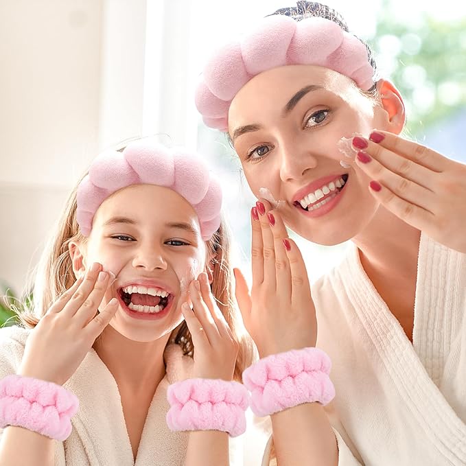 Zkptops Spa Headband for Washing Face Wristband Sponge Makeup Skincare Headband Terry Cloth Bubble Soft Get Ready Hairband for Women Girl Puffy Padded Headwear Non Slip Thick Hair Accessory(Pink)