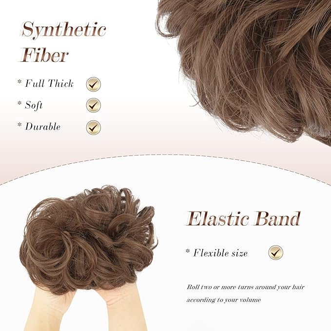 FESHFEN Messy Bun Hair Piece - Large Elastic Wavy Curly Hair Bun Scrunchies Ponytail Extensions Synthetic Chignon Hairpieces for Women, Medium Auburn 1.94oz