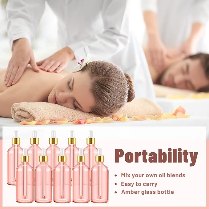 Tessco for you 20 Pack 3.4 oz Glass Dropper Bottles with Glass Eye Droppers for Essential Oils, Empty Oil Bottles with Funnel, Labels and Pipette for Hair Oils Perfume Cosmetic Travel(Pink)