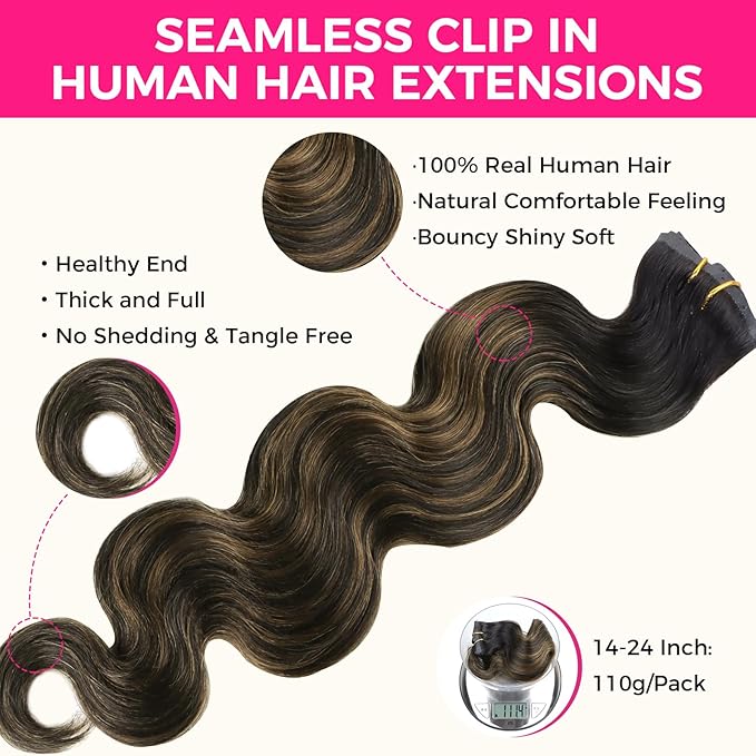 Lashey Seamless Clip in Hair Extensions Remy Human Hair Natural Black Mixed Chestnut Brown 110g 7pcs Body Wave 24 Inch