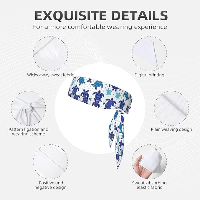 Boys Girls Sports Sweat Bands, Boho Style Long Head Band for Yoga Travel Spa, Cool Vintage Sea Turtle Headdress Hair Accessories