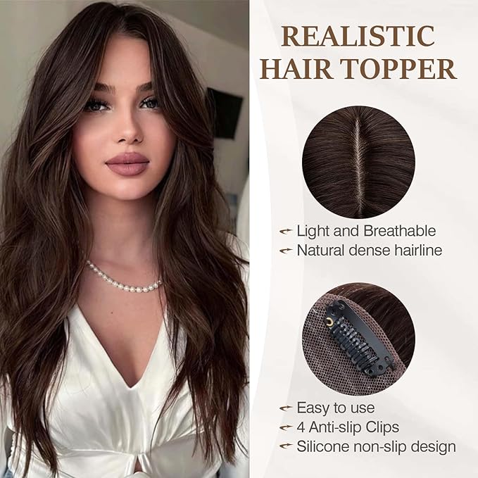 Rich Choices Hair Toppers for Women Real Human Hair 100% Human Remy Toppers NO Bangs for Women with Thinning on Top Clip in Hairpiece 4"x4.7"Lace Base 18 Inch #2 Dark Brown