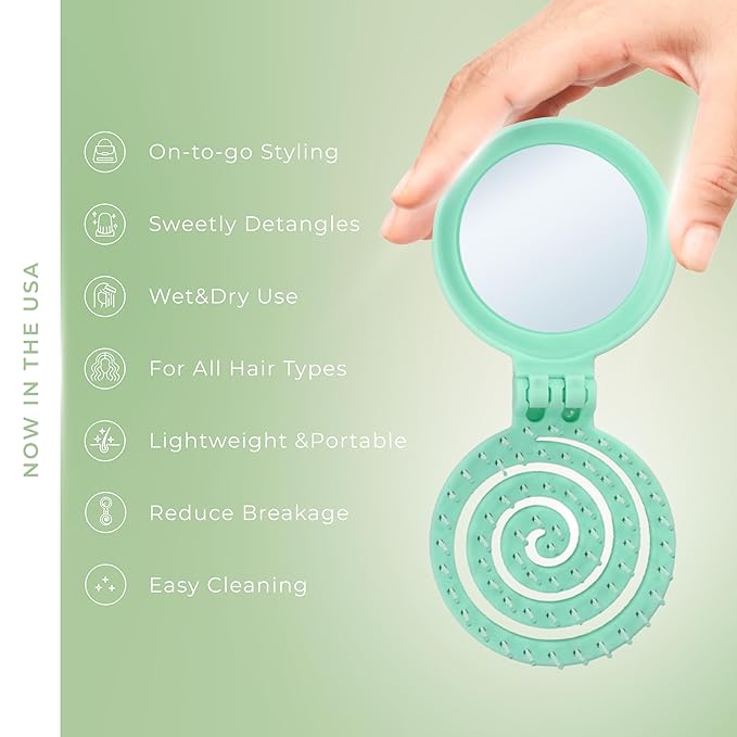 Mini Detangler Travel Hair Brush with Mirror, Makaron Hair Brushes for Women, Men and Kids, Unique 3D Flexible Design for All Hair Types, Styling Accessory, Travel Essentials for Women (MINT)