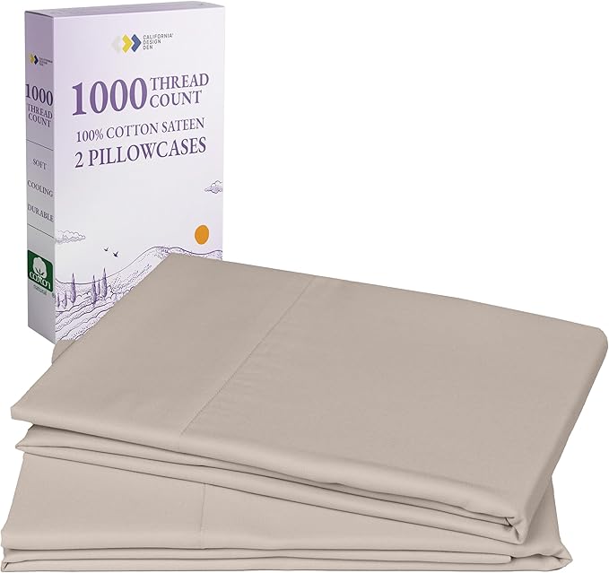 California Design Den Pillow Cases King Size Set of 2-1000 Thread Count Sateen, Soft and Thick 100% Cotton King Pillowcases, Durable - Beige (Sand Tone)