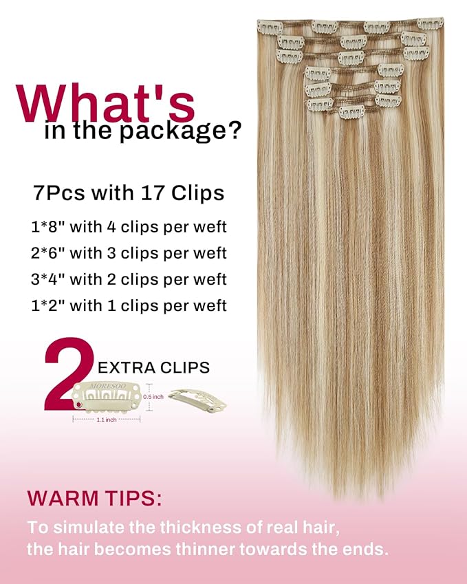Moresoo Clip in Hair Extensions Remy Double Weft Human Hair Clip in Extensions Straight Hair Extensions for Women Dark Ash Blonde Highlight with Golden Blonde 7pcs 120g 24inch