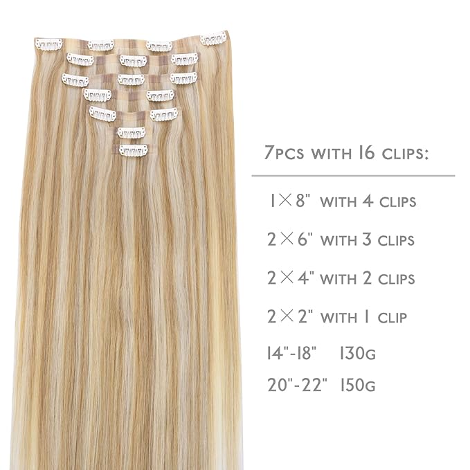 WENNALIFE Seamless Clip In Hair Extensions Human Hair, 12 Inch 80g 7pcs Dirty Blonde Highlighted Bleach Blonde Real Hair Extensions Invisible PU Skin Weft Natural Remy Human Hair