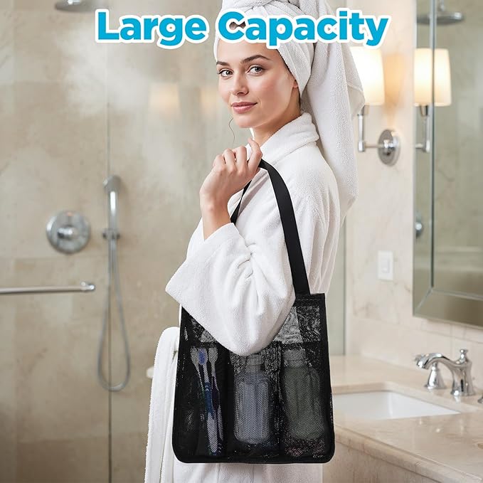 Portable Mesh Shower Caddy, Quick Dry Hanging Shower Bag with Zipper and Side Pockets, Freestanding Showers Tote Bag for College Dorm, Bathroom, Gym, Travel
