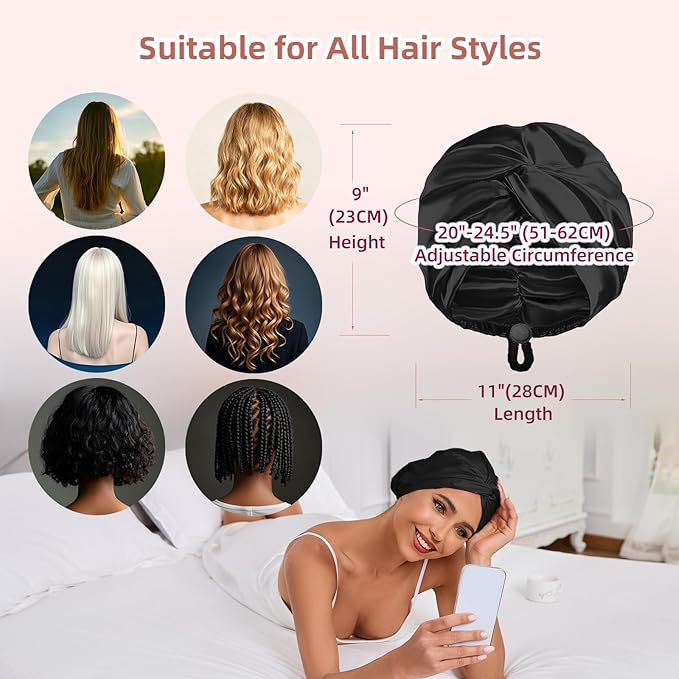 Adjustable Silk Satin Hair Bonnet for Sleeping Women, Double Layer, Silk Hair Wrap for Sleeping Women Men, Curly Natural Braid Straight Unisex - Black