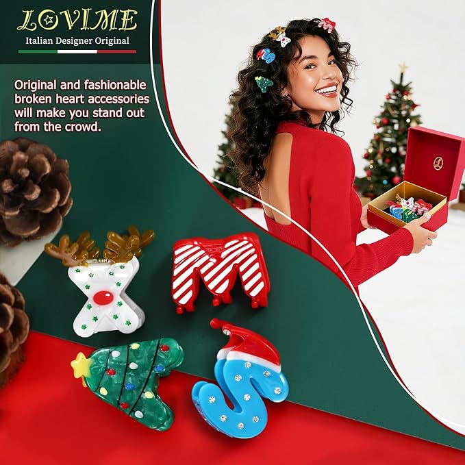 XMAS Original Italian Designed Small Hair Clips for Women, Strong Grip Acetate Hair Claw for Girls, Cute Christmas Tree, Reindeer Hair Accessories With Gift Box