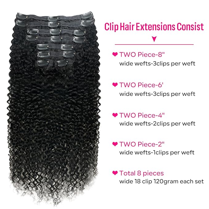 Curly Clip in Hair Extensions for Black Women Brazilian Virgin Human Hair Clip in Extensions 8Pcs Kinky Curly Clip ins Human Hair with 18Clips Double Lace Weft 120g 22inch Natural Black