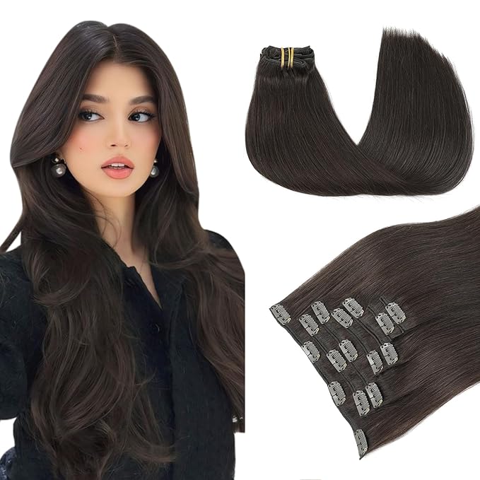PINKPEARL Human Hair Extensions Clip ins 22inch Clip in Hair Extensions #2 Dark Brown Real Human Hair Clip on 120g 7pcs Remy Hair Clip ins for Women(#2-22)