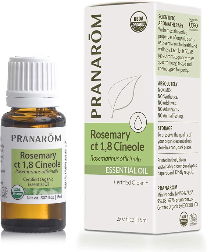 Pranarom USDA Certified Organic Rosemary Cineole Essential Oil (15ml), 100% Pure Undiluted Therapeutic Grade from Tunisia for Aromatherapy, Diffuser, Meditation, Massage, Relaxation