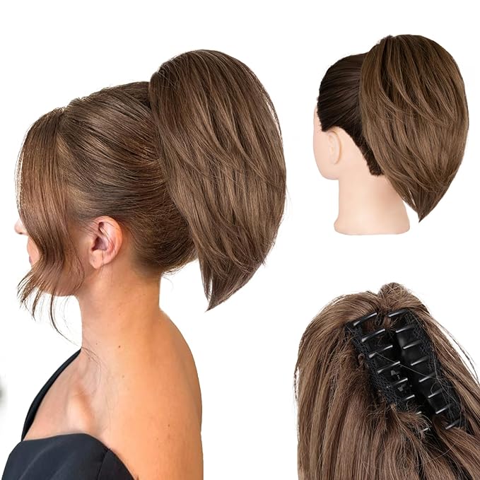 Claw Clip Ponytail Extension - 10 Inch Short Ponytail Extension, Straight Pony Tails Hair Extensions, Synthetic Hair Extensions Ponytail, Clip On Ponytails for Women (Red Brown Mixed Light Brown )
