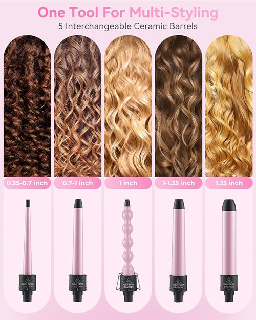 5 in 1 Curling Wand Set: Ohuhu Curling Iron Wand 5Pcs 0.35 to 1.25 Inch Interchangeable Ceramic Barrel Heat Protective Glove 2 Clips Dual Voltage Hair Curler for Girl Women Mother Christmas Gift Pink