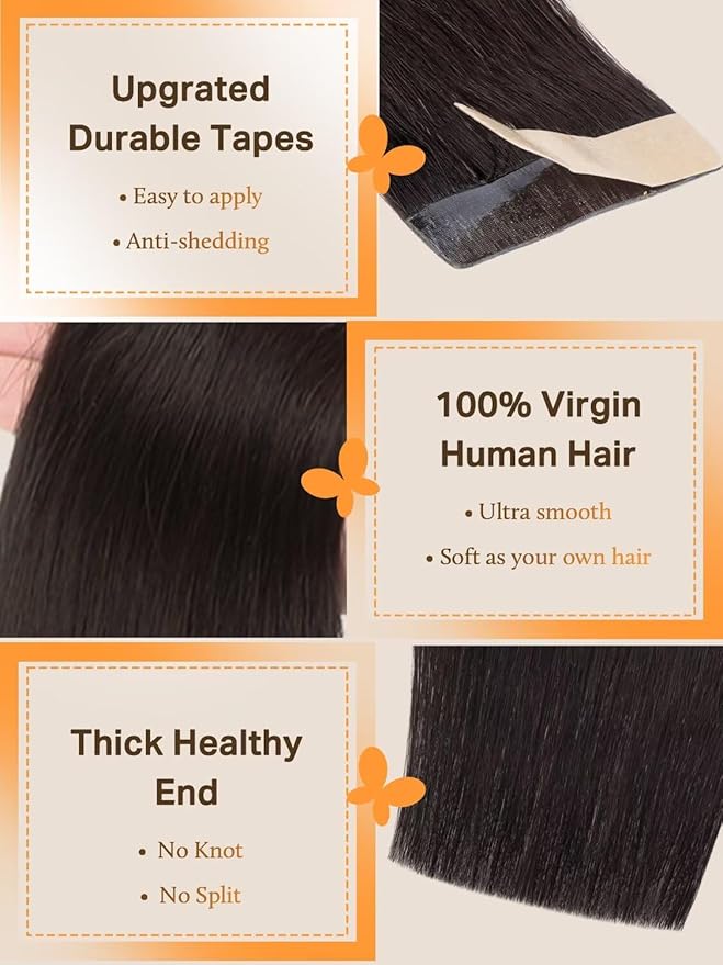 DOORES Human Hair Extensions Tape in Real Remy, 20pcs 80g Dark Brown 20 Inch, Thick Tape in Extensions Real Natural Human Hair Thick Ends Glue in Straight for Woman