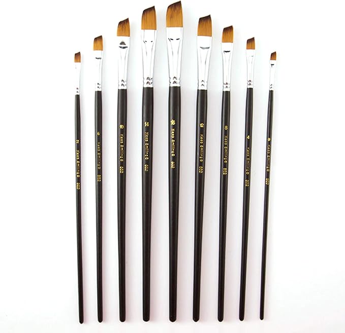 9 Pcs Angular Long Handle Artist Paint Brush Set, Quality Synthetic Hair and Wooden Handle for Acrylic Watercolor Oil Painting, Great for Beginners and Professionals