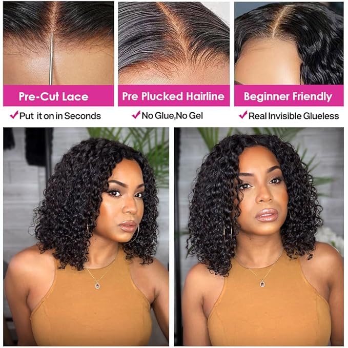 GOLFMAX Glueless Wigs Human Hair Pre Plucked Pre Cut Wear and Go Glueless Wig Curly Short Bob Wig Human Hair Wigs Deep Wave 4x4 Lace Closure Wigs Human Hair 10 Inch