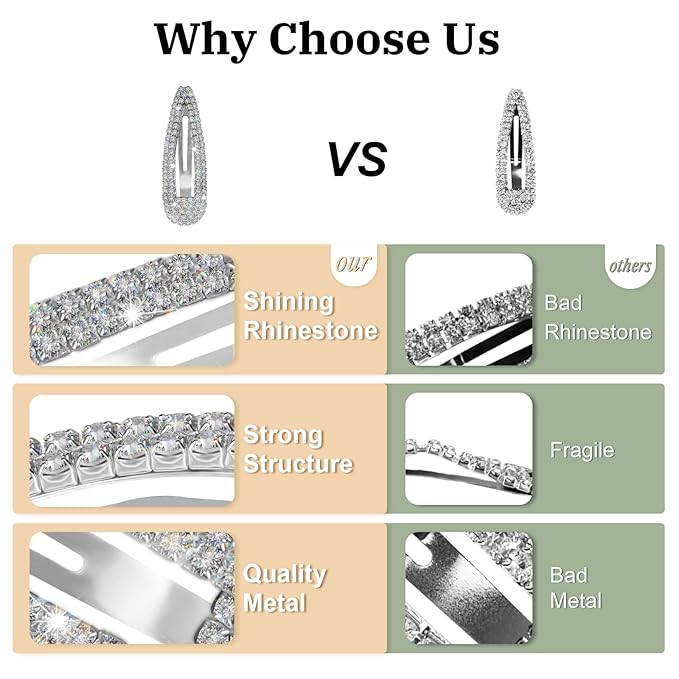 Hair Clips, 2Pcs 3.1Inch Rhinestone, Silver, Hair Accessories, Hair Barrettes for Women Girls Bridal, Wedding, Party, Prom