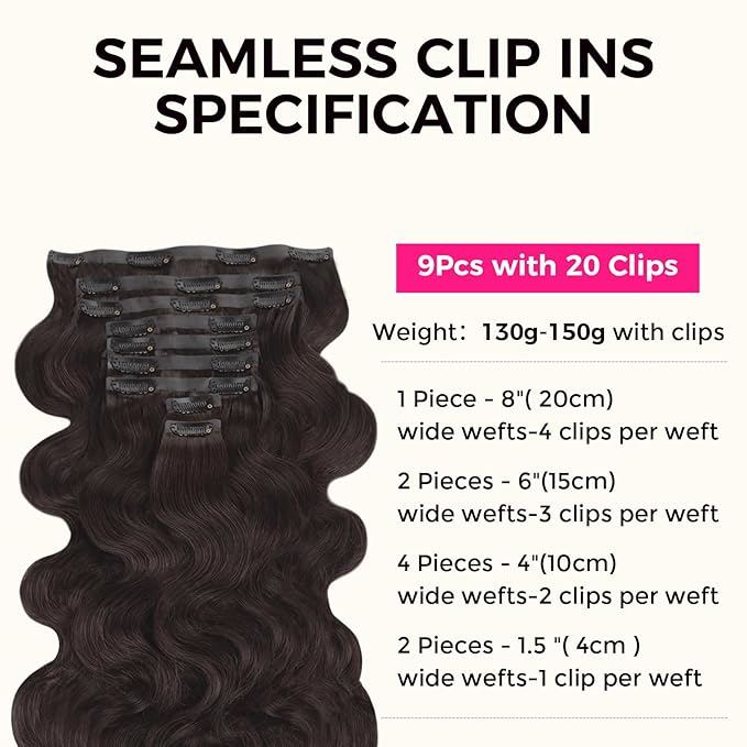 Lashey Seamless Clip in Hair Extensions Human Hair 150g 9pcs 20 Inch Body Wave #2 Dark Brown Clip in for Women PU Weft Hair Extensions