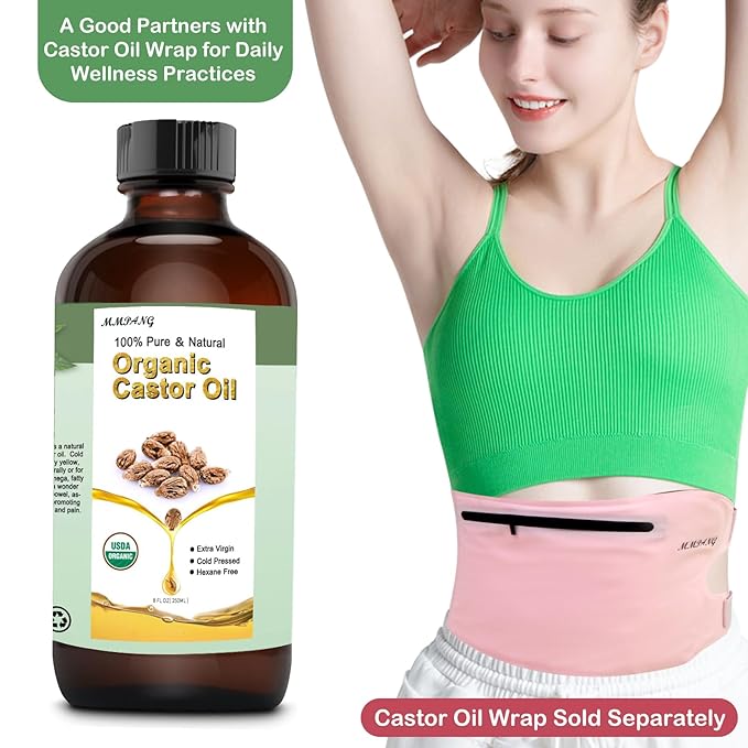 Organic Castor Oil for Lashes Grow, Caster Oils Brow with USDA Certified 100% Pure Natural Glass Bottle, Cold Pressed, Hexane Free. Castor Oil for Hair Growth, Thicker Fuller Brows,8oz