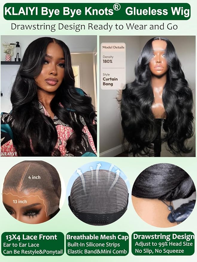 KLAIYI Loose Body Wave Pre Everything Glueless 13x4Lace Front Wig Human Hair Drawstring Precut Lace Pre Plucked Bleached Bye Bye Knots 3S Ready to Wear and Go Wig with Face Framing Curtain Bang 18Inch