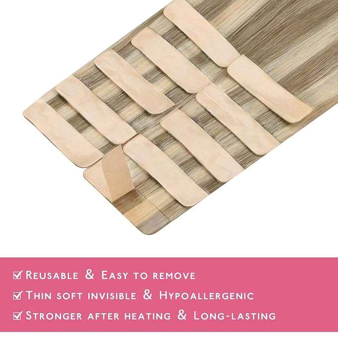 WENNALIFE Tape in Hair Extensions Human Hair Ash Brown with Platinum Blonde Highlights Tape in Extensions, 10pcs 20g 12 inch Remy Invisible Tape Ins Straight Colored Soft Refill Set