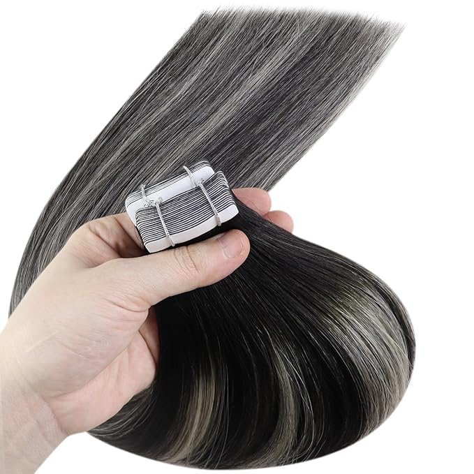 YoungSee Tape in Human Hair Extensions Ombre Black Tape Extensions Human Hair Off Black Ombre Sliver Balayage Tape-in Hair Extensions Real Human Hair 22 Inch 50g 20pcs Long Straight Hair
