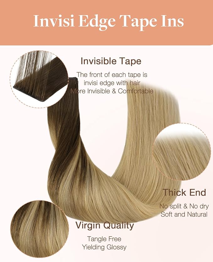 GOO GOO Invisi Edge Tape in Hair Extensions Human Hair, 4/18 Balayage Chocolate Brown Highlighted Dirty Blonde 10pcs injected with 10pcs classical tape ins, 24inch 50g, Virgin Remy Hair, Natural Look