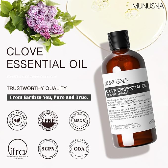 Clove Essential Oil, 100% Pure and Natural Clove Oil for Skin Care, Aromatherapy, Diffuser, DIY Clean Spray, Soap and Candle Making, 100ML