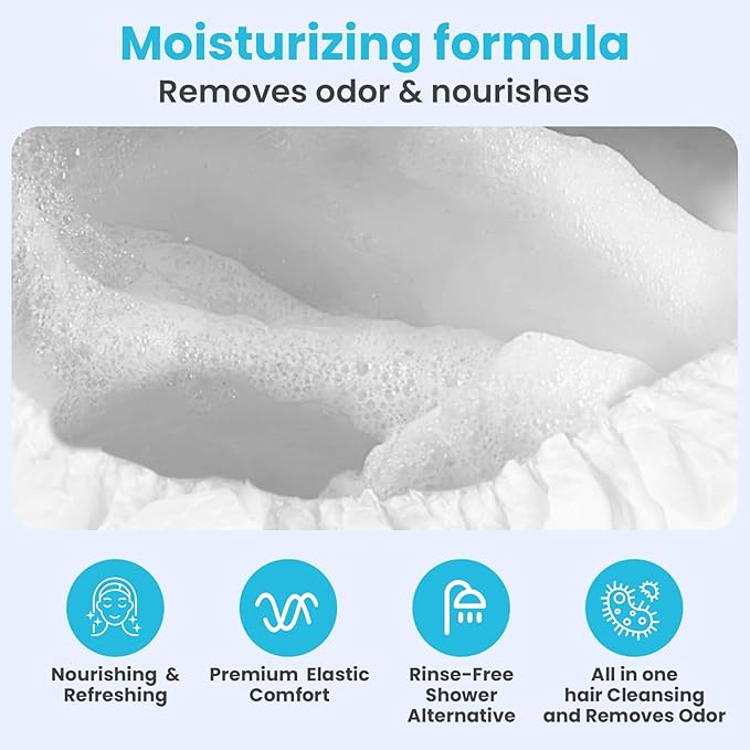 Drench No Water Hair Washing Cap - Waterless Shower Caps with Shampoo and Conditioner - Disposable Rinse Free Wash Aids - Ideal for Elderly and Disabled - Pack of 18