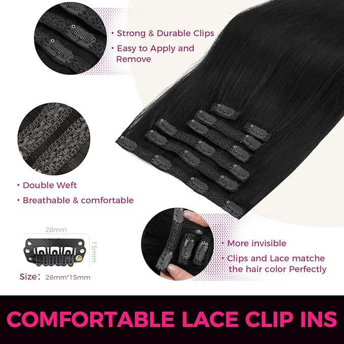 Lashey Hair Extensions Real Human Hair, 20 Inch Jet Black #1 Color 120g 7pcs, Straight Clip in Hair Extensions Real Human Hair Remy Long Hair Extensions Clip in Thick Hair for Black Women