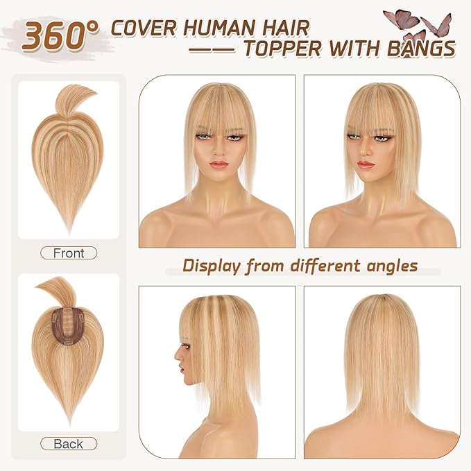 Rich Choices Hair Toppers for Women Real Human Hair 100% Remy Human Hairs Topper With Bang for Thinning Hairs Clip in Silk Base Topper 10 Inch #12P613 Golden Brown Mix Bleach Blonde