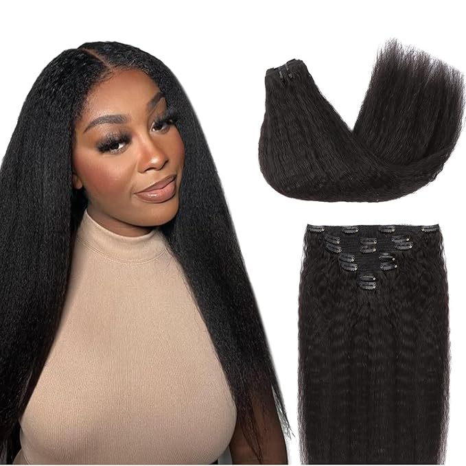 Lashey Clip in Hair Extensions Real Human Hair, Kinky Straight Hair Natural Black #1B 7pcs 120g 22 Inch Clip in Hair Extensions Remy Human Hair with Lace Weft Thick Human Hair for Women