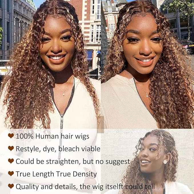 CYNOSURE 18 Inch Highlight Ombre Deep Curly Lace Front Wigs Human Hair 13x5 HD Transparent Lace Frontal Wig Honey Blonde Jerry Curly Wig Human Hair Pre Plucked 180 Density for Women