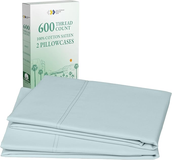 CALIFORNIA DESIGN DEN Luxuriously Soft Hotel Quality 600 Thread Count, 100% Cotton Set of 2 Cases, Crisp & Cool King Size Pillow Covers Set of 2 Fits King Pillows (Seafoam)