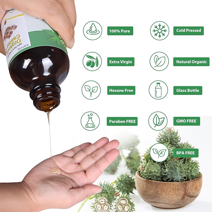 Organic Castor Oil for Body,Castors Hair & Lashes Brow Oils, USDA Certified 100% Pure Natural Glass Bottle, Cold Pressed, Hexane Free. Castor Oil for Hair Growth, Thicker Fuller Brows, 4.22oz