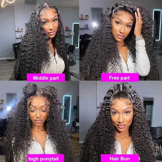 Aomllute 30 Inch Deep Wave Lace Front Wigs Human Hair 200 Density 13x4 HD Lace Frontal Wigs Human Hair Pre Plucked Deep Curly Glueless Wigs Human Hair for Women Natural Black