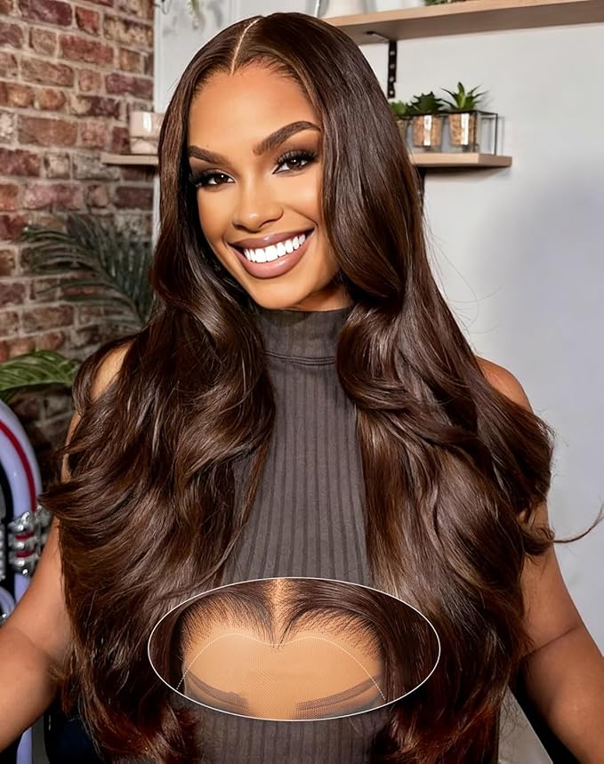 30 Inch Chocolate Brown Human Hair Wig 13x6 Body Wave Lace Front Wigs Human Hair Pre Plucked M Hairline 200 Density 13x6 HD Frontal Glueless Colored Brown Human Hair Wig for Women